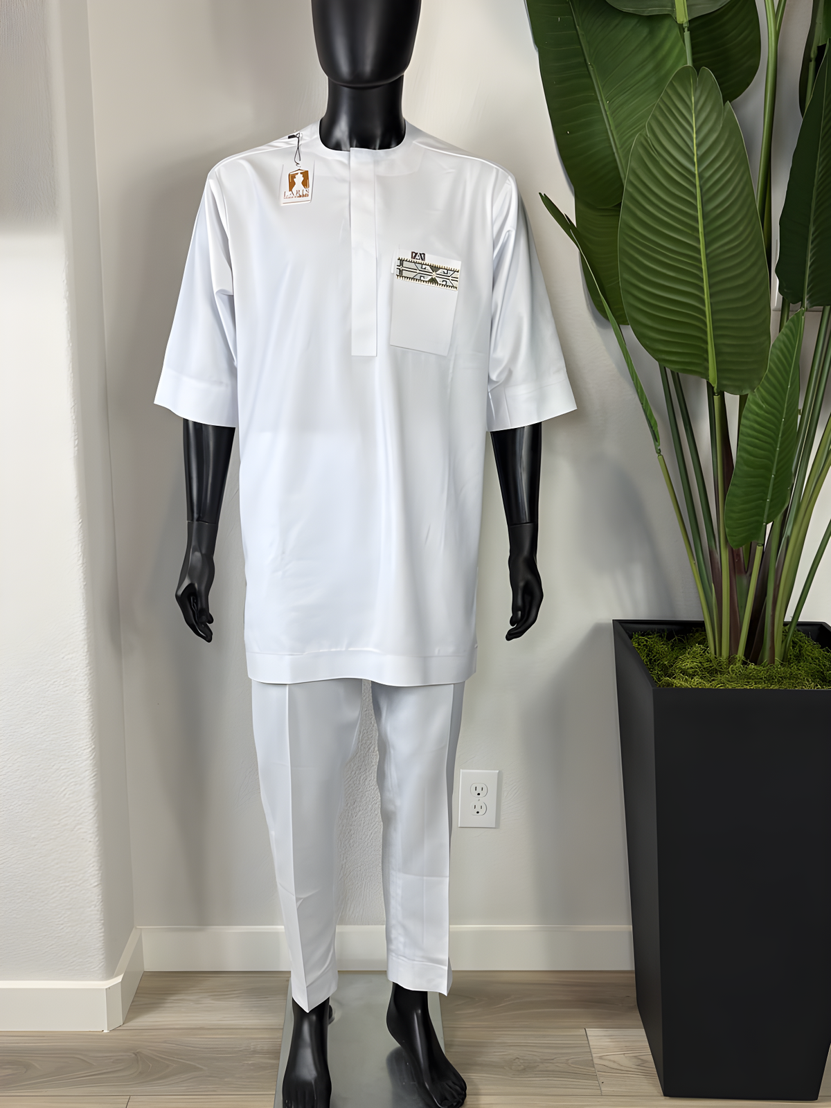 White Men’s Senator Wear with African Print Pocket Detail