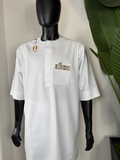 White Men’s Senator Wear with African Print Pocket Detail