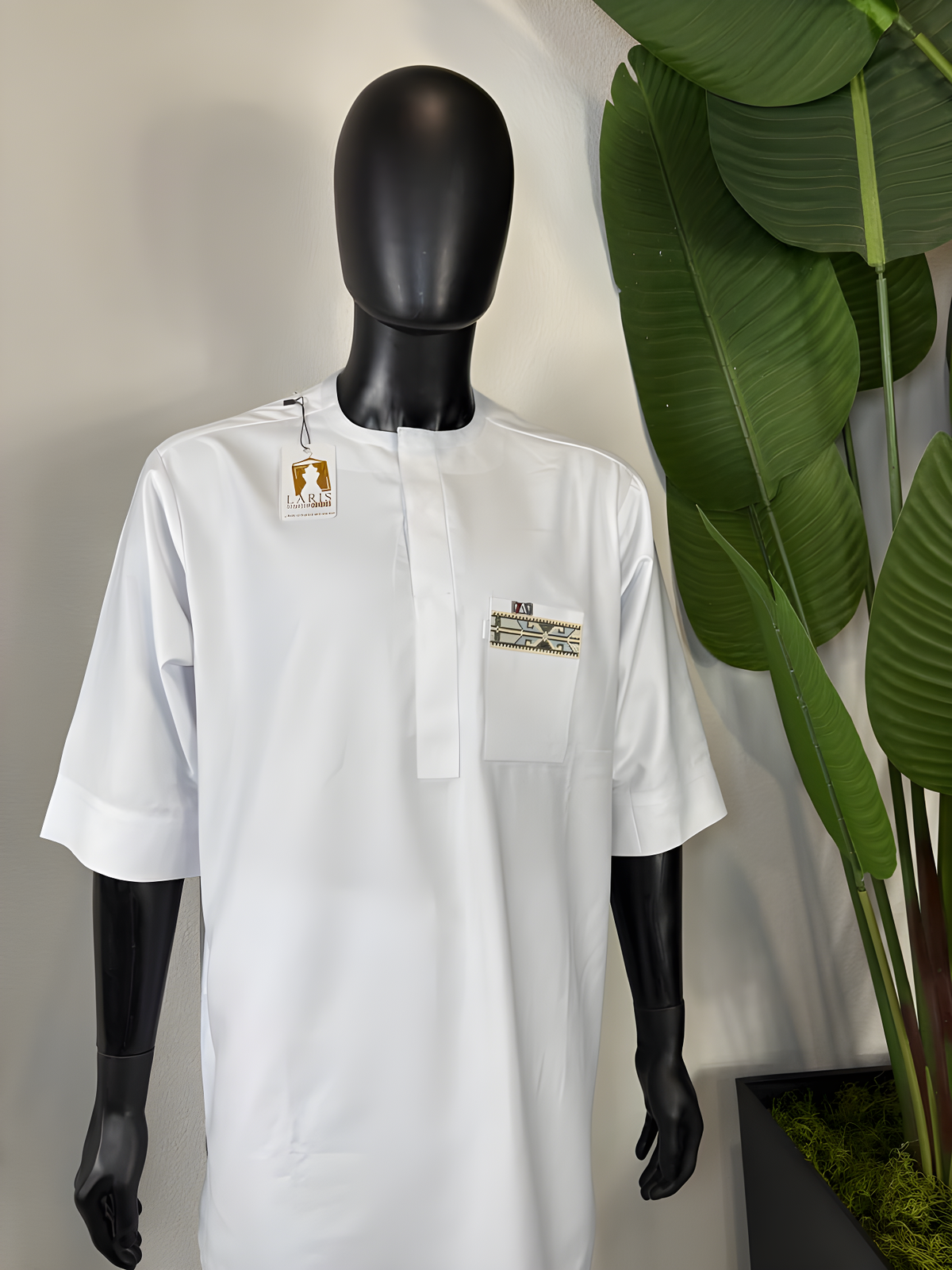 White Men’s Senator Wear with African Print Pocket Detail