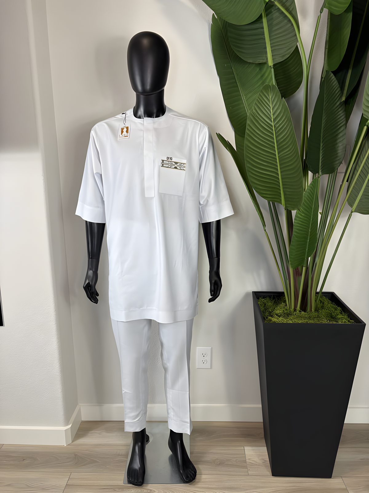 White Men’s Senator Wear with African Print Pocket Detail